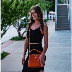 V-Logo Tan Leather Handbag